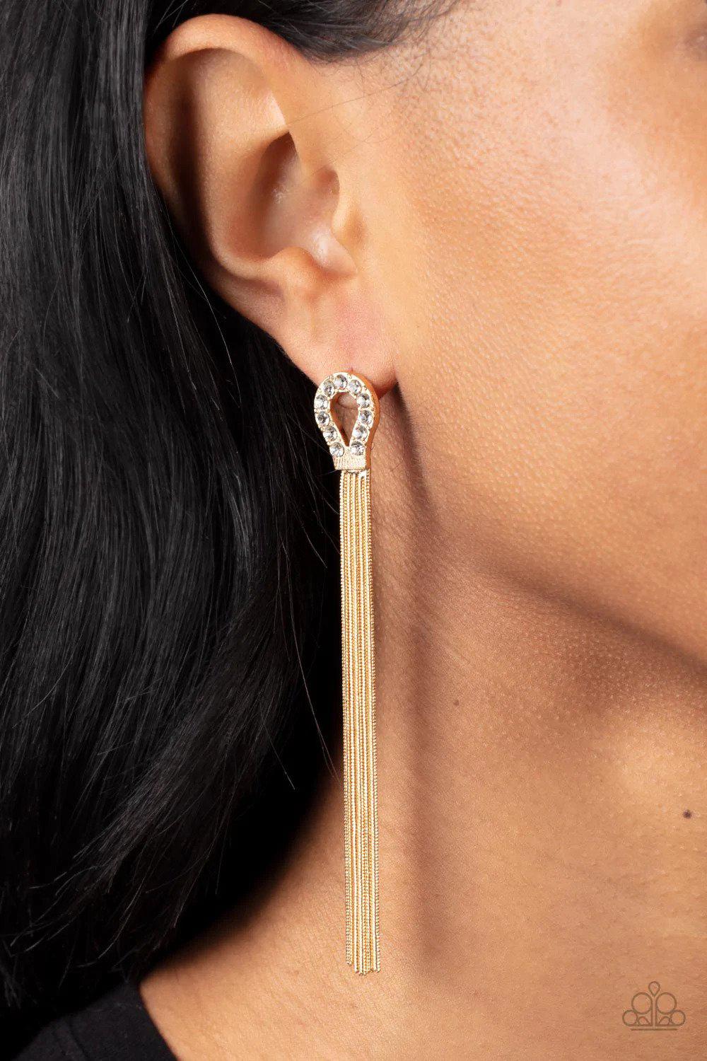 Dallas Debutante Gold Earrings - Paparazzi Accessories- on model - CarasShop.com - Paparazzi Jewelry by Cara Jewels