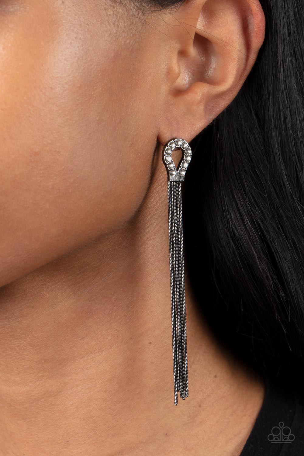 Dallas Debutante Gunmetal Black Chain Earrings - Paparazzi Accessories- lightbox - CarasShop.com - Paparazzi Jewelry by Cara Jewels