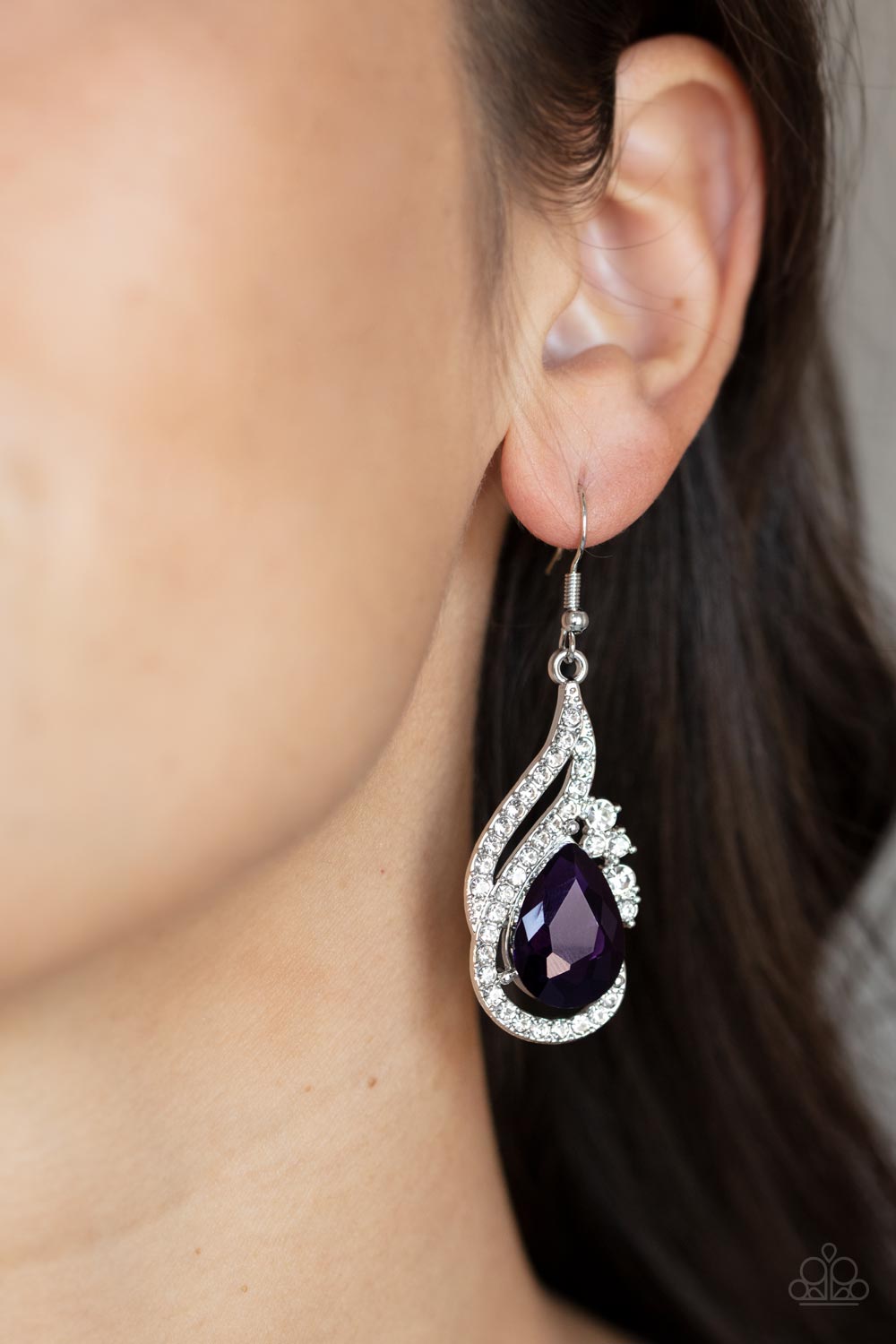 Dancefloor Diva Purple and White Rhinestone Earrings - Paparazzi Accessories- on model - CarasShop.com - Paparazzi Jewelry by Cara Jewels
