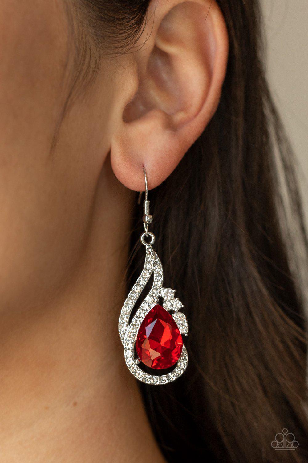 Dancefloor Diva Red and White Rhinestone Earrings - Paparazzi Accessories- on model - CarasShop.com - Paparazzi Jewelry by Cara Jewels