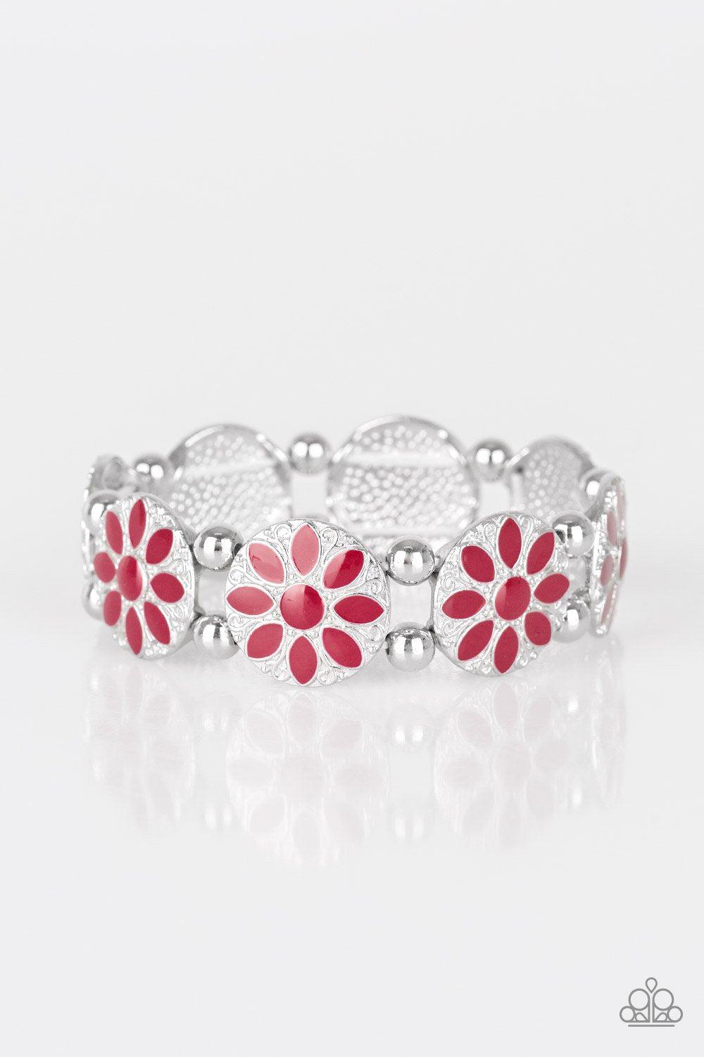 Dancing Dahlias Red Flower Bracelet - Paparazzi Accessories- lightbox - CarasShop.com - Paparazzi Jewelry by Cara Jewels