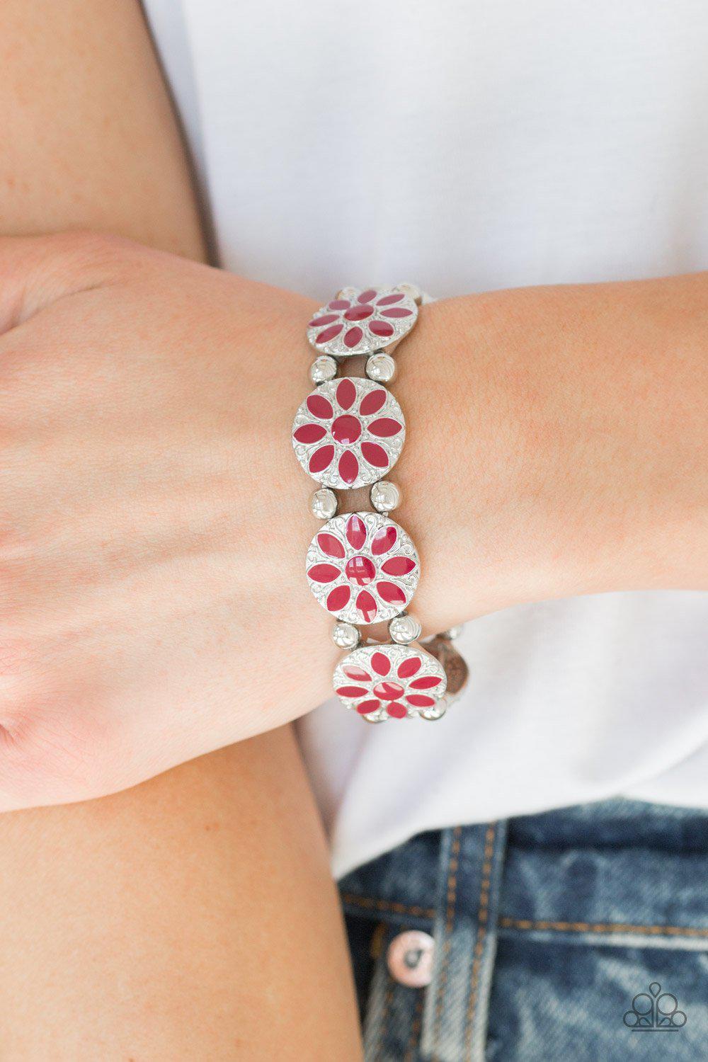 Dancing Dahlias Red Flower Bracelet - Paparazzi Accessories- on model - CarasShop.com - Paparazzi Jewelry by Cara Jewels