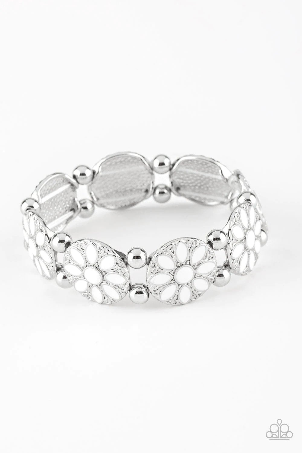 Dancing Dahlias White Flower Bracelet - Paparazzi Accessories- lightbox - CarasShop.com - Paparazzi Jewelry by Cara Jewels