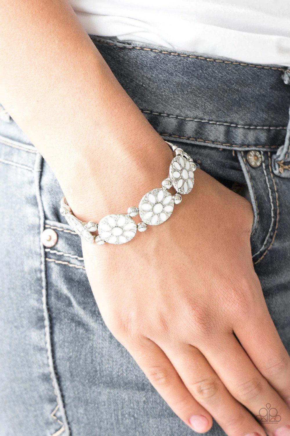 Dancing Dahlias White Flower Bracelet - Paparazzi Accessories- lightbox - CarasShop.com - Paparazzi Jewelry by Cara Jewels