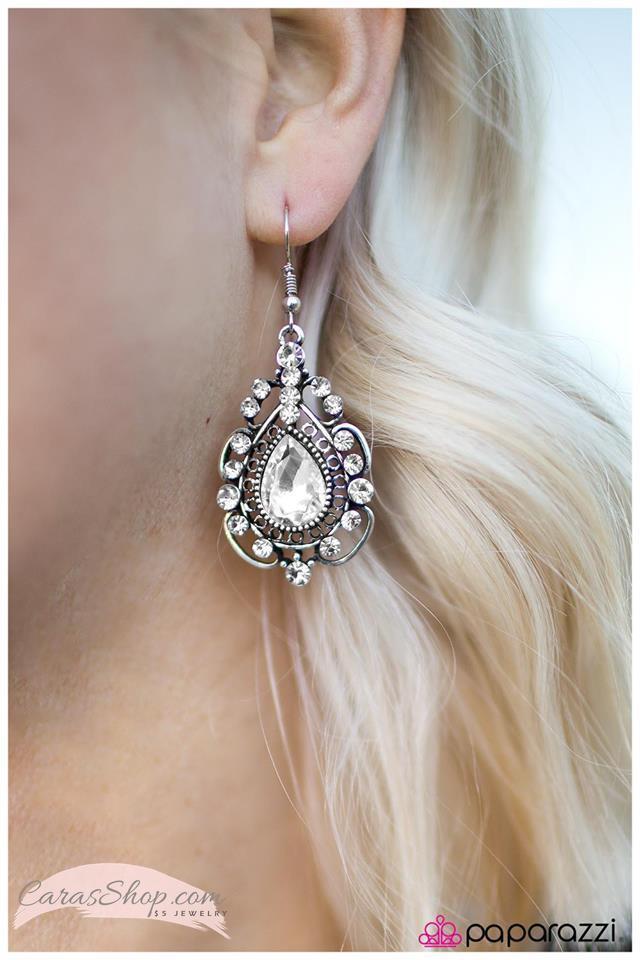 Dancing With the Stars White Rhinestone Earrings - Paparazzi Accessories- on model - CarasShop.com - Paparazzi Jewelry by Cara Jewels