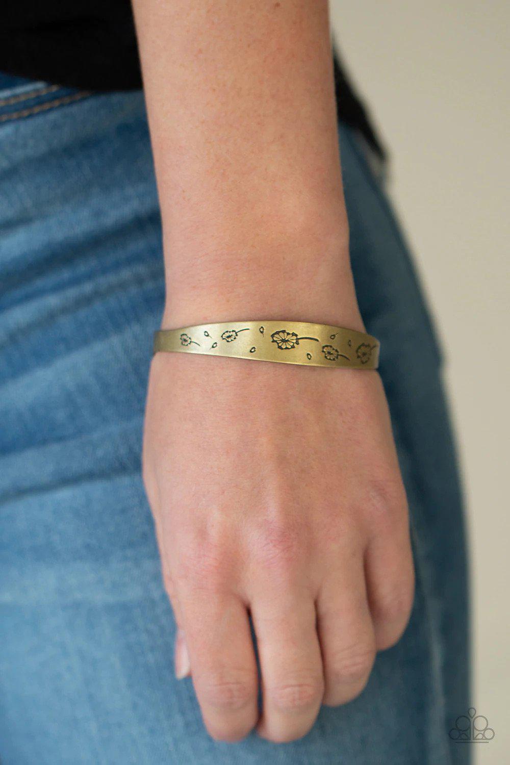 Dandelion Dreamland Brass Bracelet - Paparazzi Accessories- on model - CarasShop.com - Paparazzi Jewelry by Cara Jewels