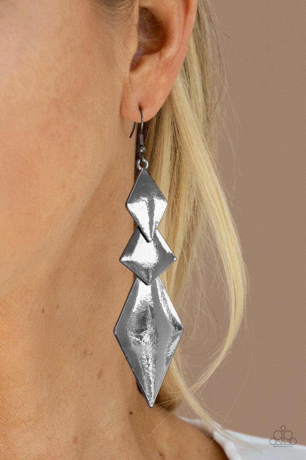 Danger Ahead Gunmetal Black Earrings - Paparazzi Accessories- on model - CarasShop.com - Paparazzi Jewelry by Cara Jewels