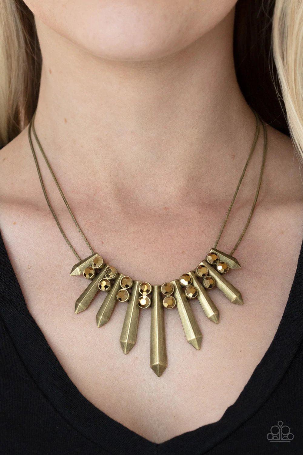 Dangerous Dazzle Brass Necklace - Paparazzi Accessories- on model - CarasShop.com - Paparazzi Jewelry by Cara Jewels