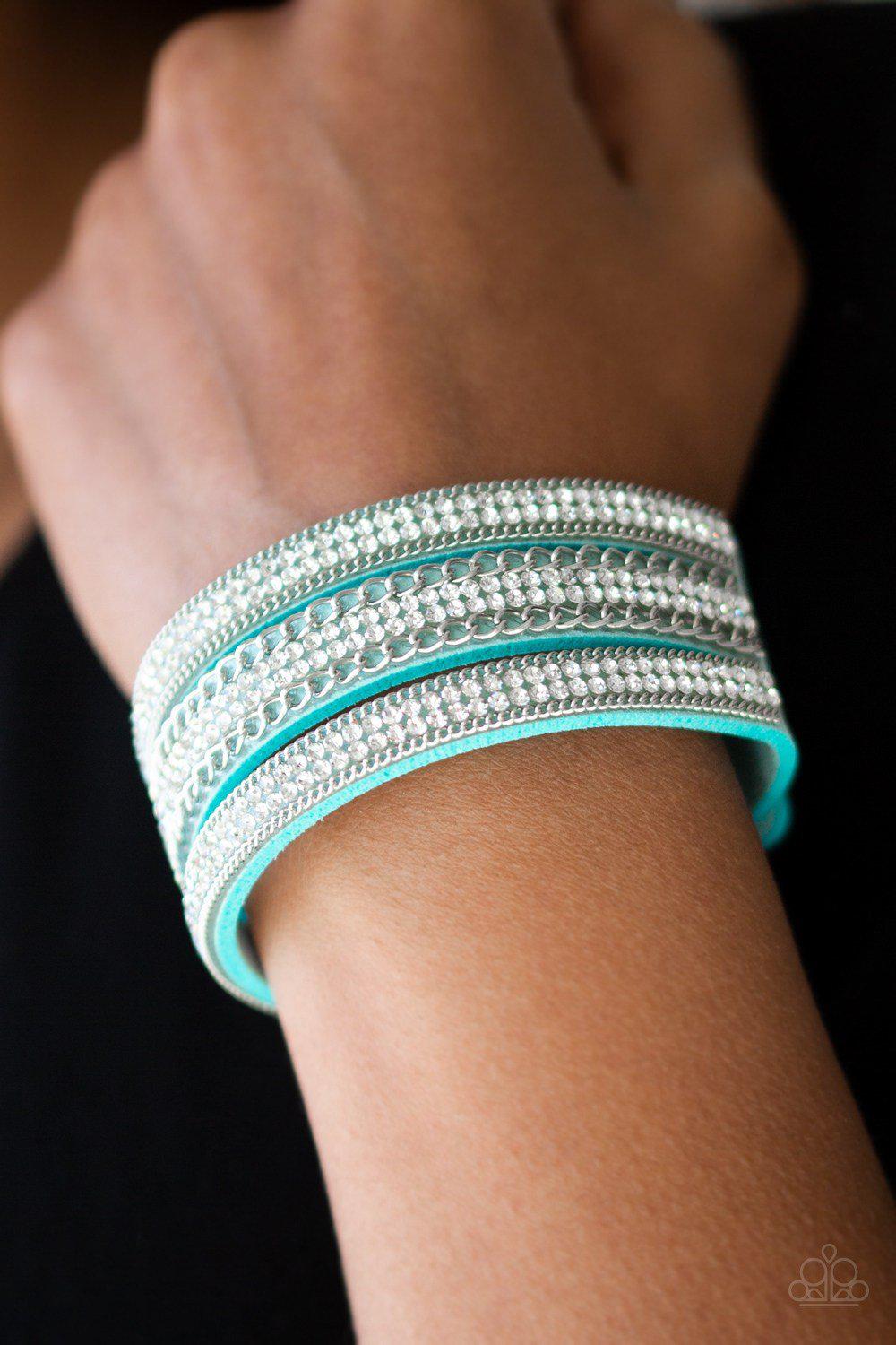Dangerously Drama Queen Blue Urban Wrap Snap Bracelet - Paparazzi Accessories- on model - CarasShop.com - Paparazzi Jewelry by Cara Jewels
