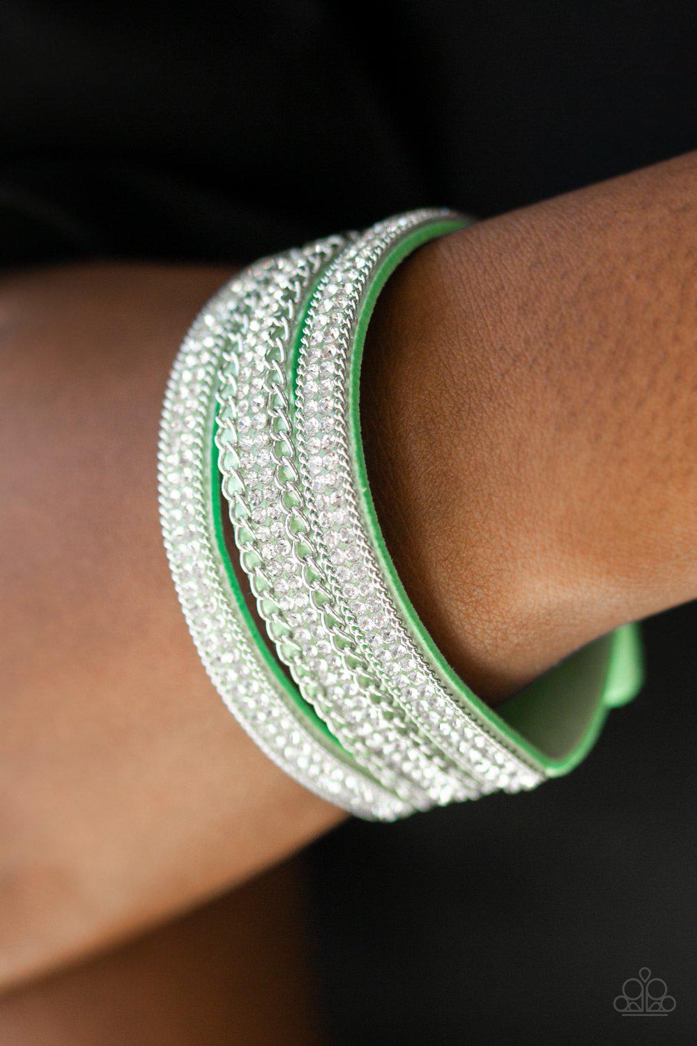 Dangerously Drama Queen Green Urban Wrap Snap Bracelet - Paparazzi Accessories- on model - CarasShop.com - Paparazzi Jewelry by Cara Jewels