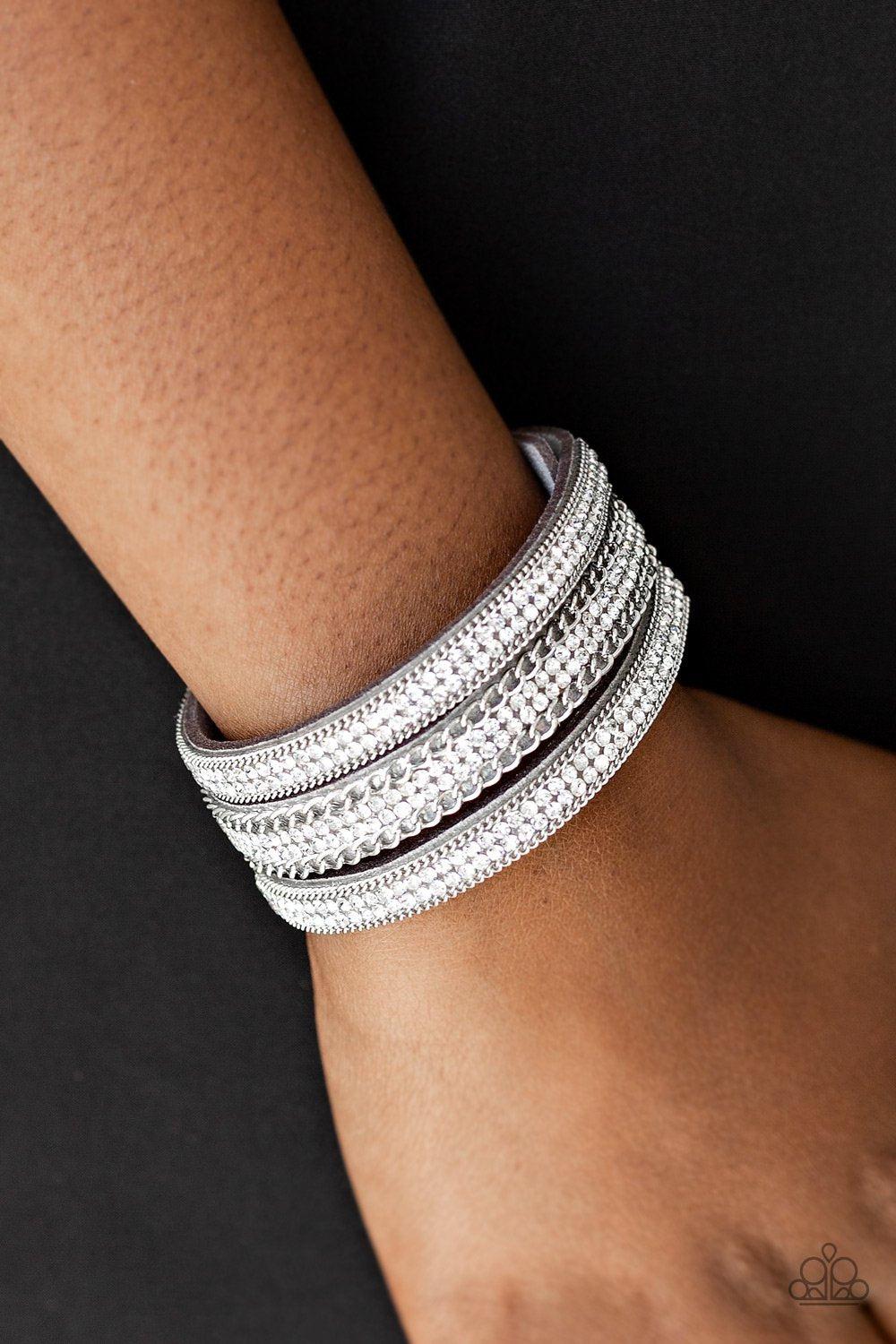 Dangerously Drama Queen Silver Wrap Snap Bracelet - Paparazzi Accessories- on model - CarasShop.com - Paparazzi Jewelry by Cara Jewels