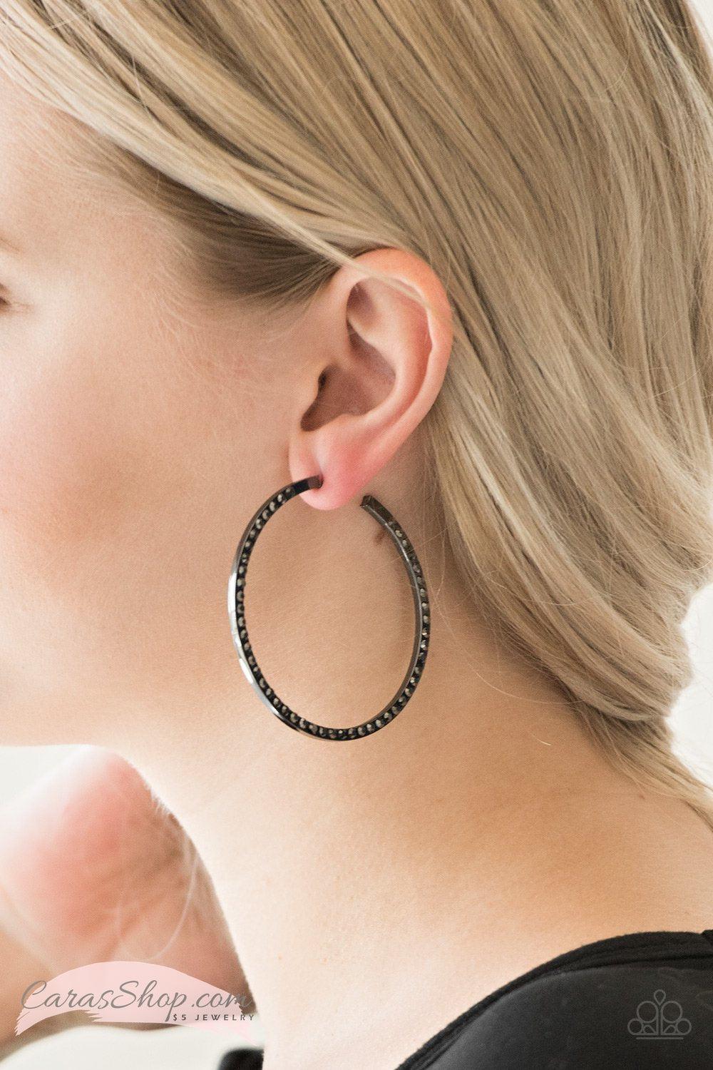 Dangerously Dynamic Gunmetal Hoop Earrings - Paparazzi Accessories- on model - CarasShop.com - Paparazzi Jewelry by Cara Jewels