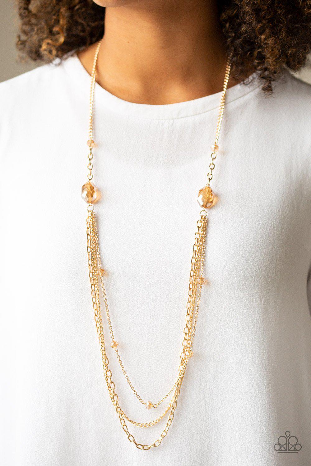 Dare to Dazzle Gold Necklace - Paparazzi Accessories- on model - CarasShop.com - Paparazzi Jewelry by Cara Jewels
