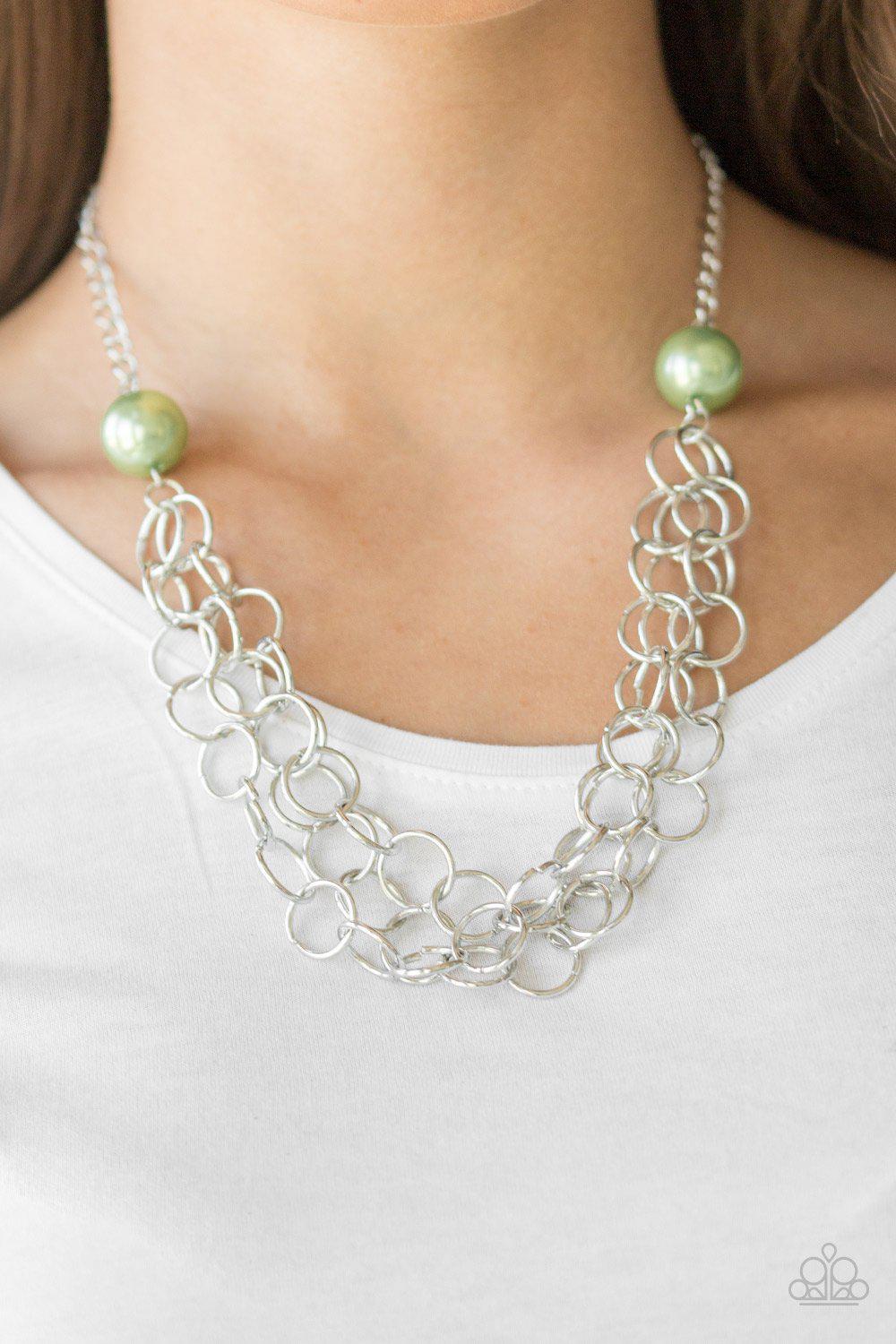 Daring Diva Green and Silver Necklace - Paparazzi Accessories- on model - CarasShop.com - Paparazzi Jewelry by Cara Jewels