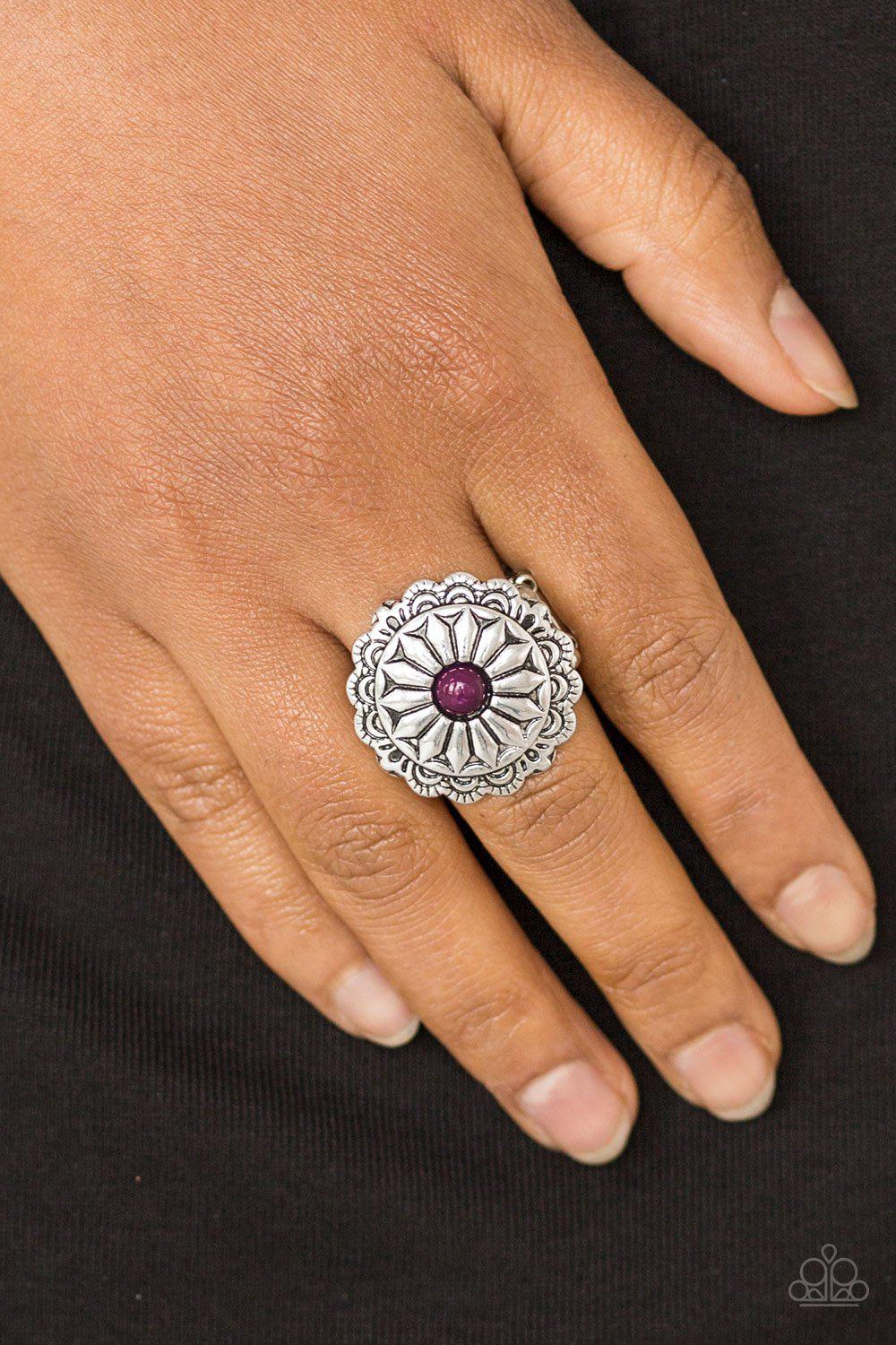 Daringly Daisy Purple and Silver Flower Ring - Paparazzi Accessories- on model - CarasShop.com - Paparazzi Jewelry by Cara Jewels