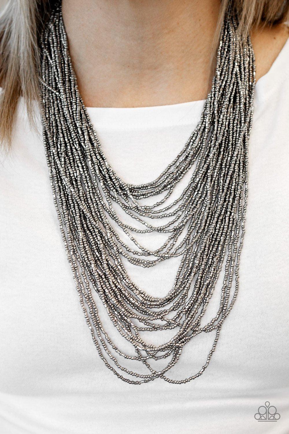 Dauntless Dazzle Gunmetal Black Seed Bead Necklace - Paparazzi Accessories- on model - CarasShop.com - Paparazzi Jewelry by Cara Jewels