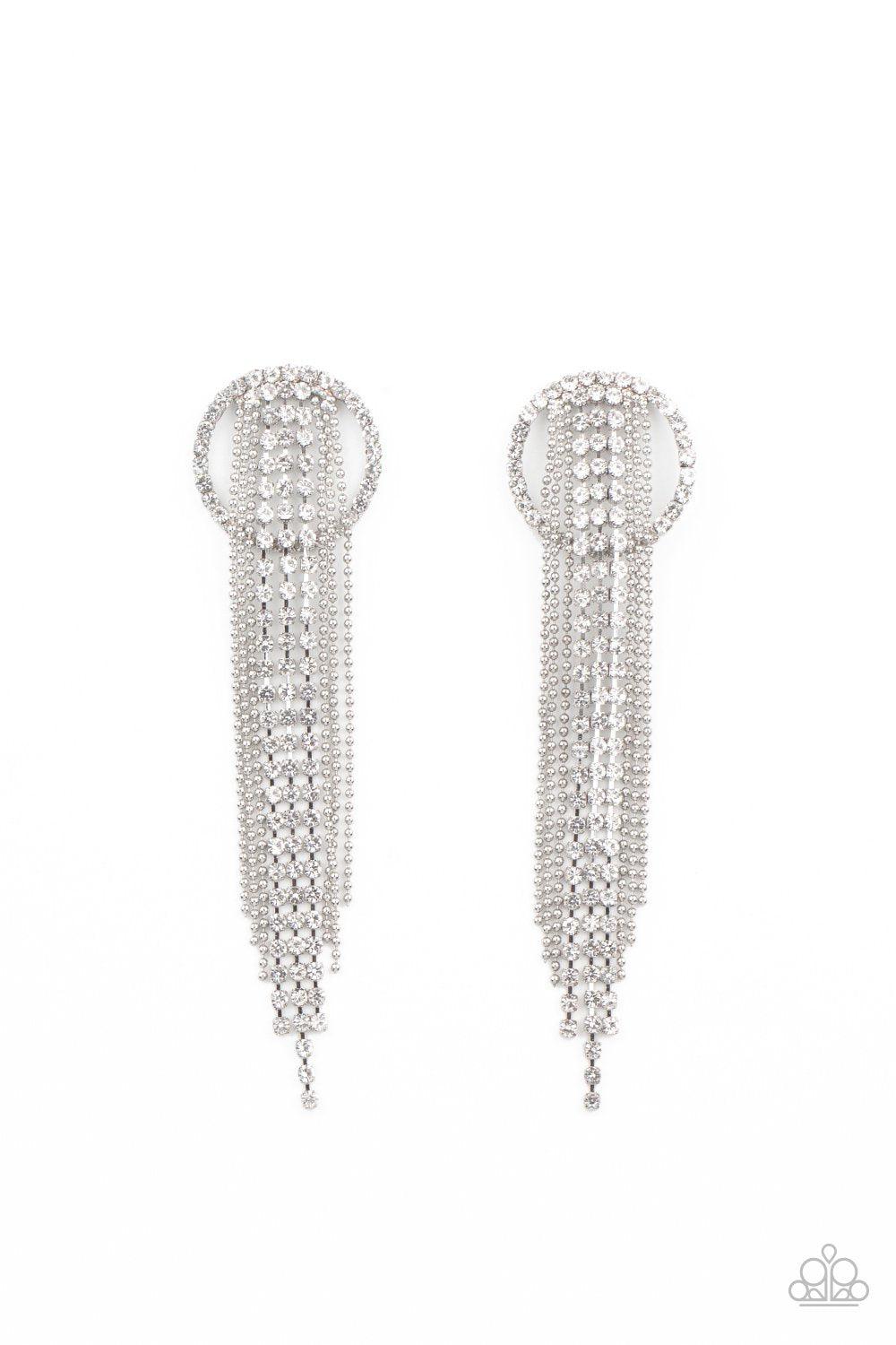 Dazzle By Default White Rhinestone Chain Post Earrings - Paparazzi Accessories- lightbox - CarasShop.com - Paparazzi Jewelry by Cara Jewels