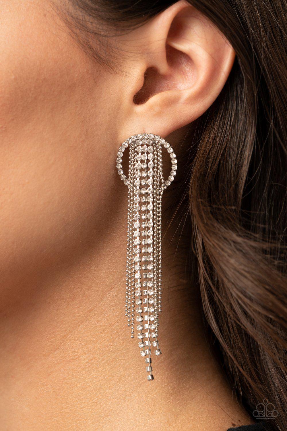 Dazzle By Default White Rhinestone Chain Post Earrings - Paparazzi Accessories- on model - CarasShop.com - Paparazzi Jewelry by Cara Jewels