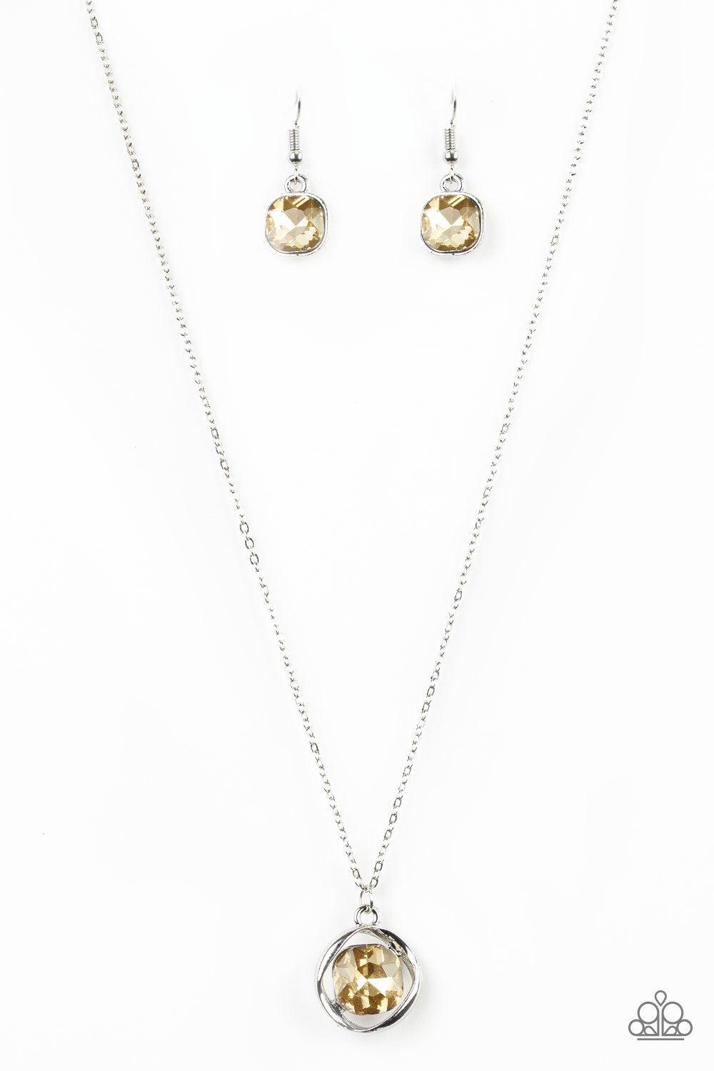 Dazzle In Diamonds Silver and Topaz Brown Gem Necklace and matching Earrings - Paparazzi Accessories- lightbox - CarasShop.com - Paparazzi Jewelry by Cara Jewels