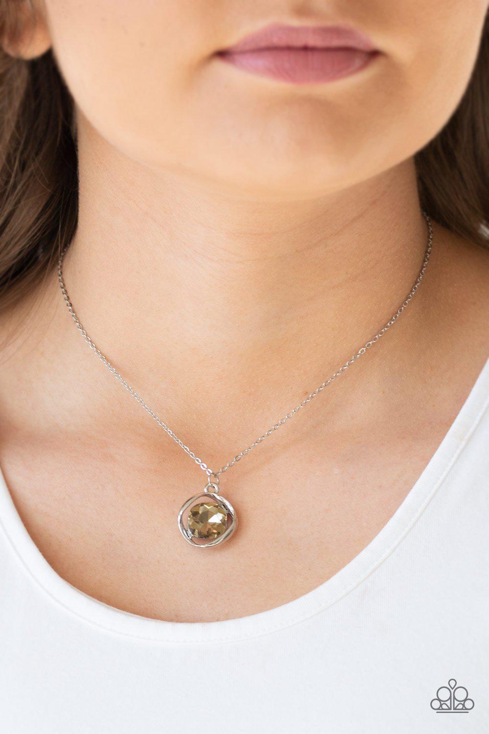 Dazzle In Diamonds Silver and Topaz Brown Gem Necklace and matching Earrings - Paparazzi Accessories- on model - CarasShop.com - Paparazzi Jewelry by Cara Jewels