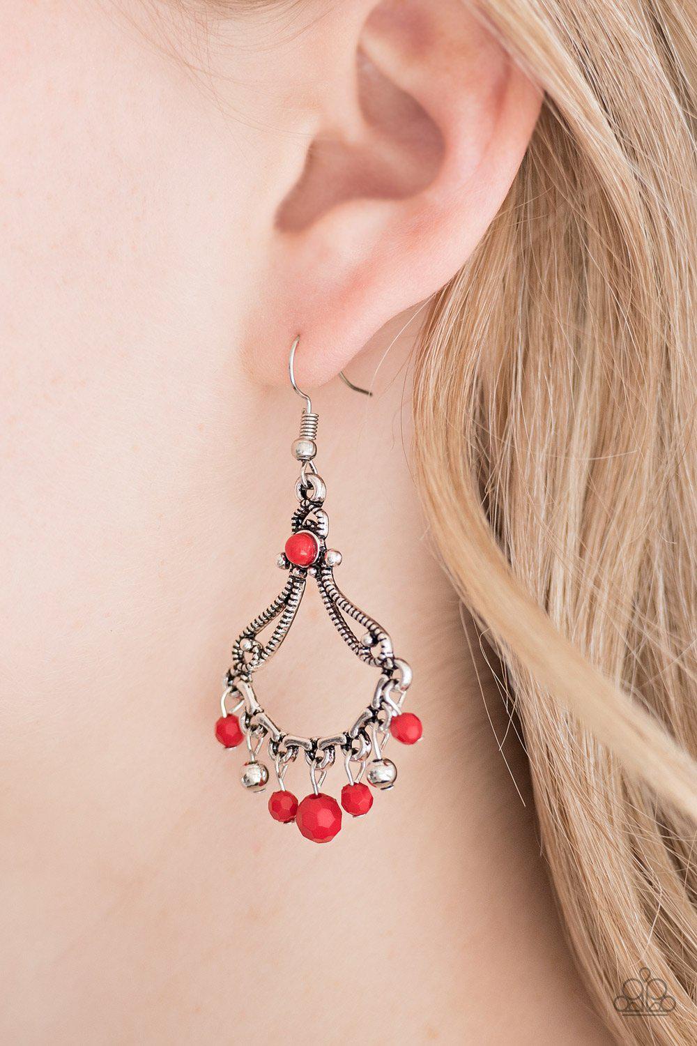 Dazzling Date Night Red and Silver Earrings - Paparazzi Accessories- on model - CarasShop.com - Paparazzi Jewelry by Cara Jewels