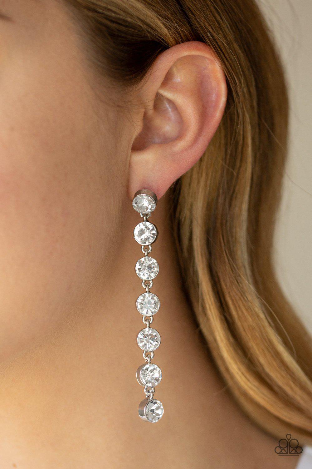 Dazzling Debonair White Rhinestone Earrings - Paparazzi Accessories- lightbox - CarasShop.com - Paparazzi Jewelry by Cara Jewels
