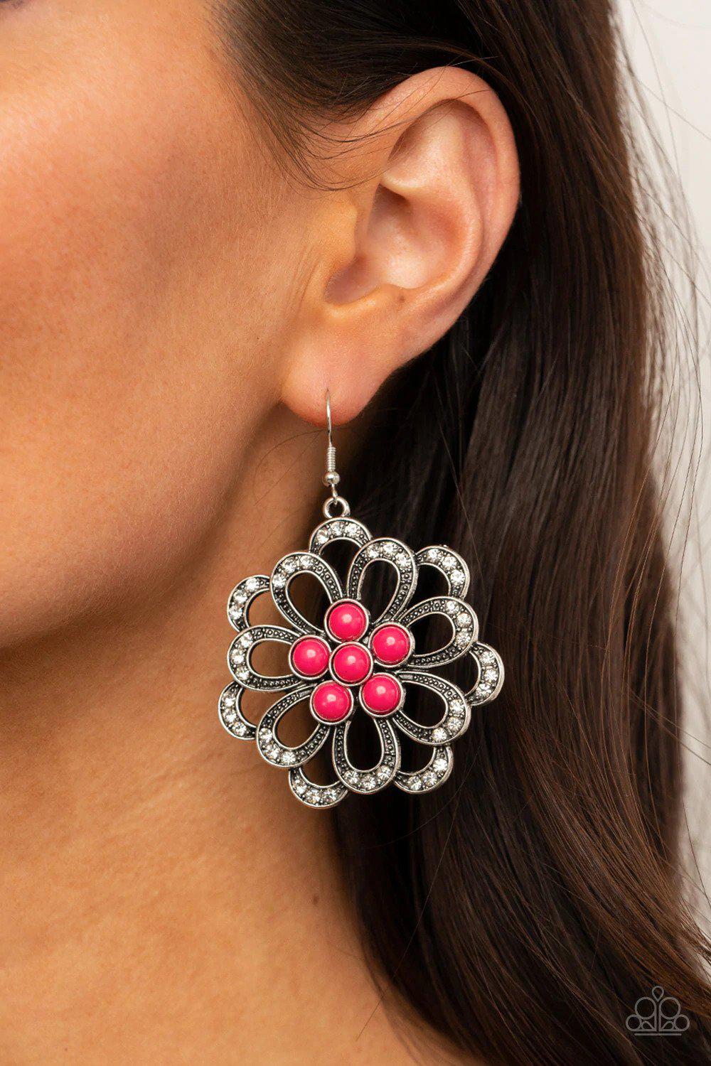 Dazzling Dewdrops Pink Flower Earrings - Paparazzi Accessories- on model - CarasShop.com - Paparazzi Jewelry by Cara Jewels
