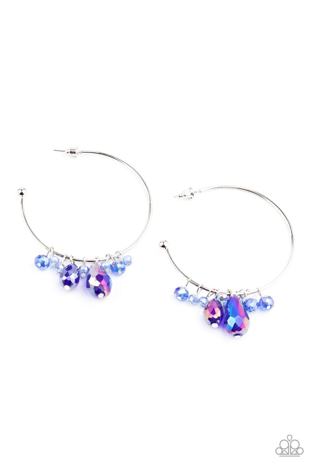 Dazzling Downpour Blue Crystal and Silver Hoop Earrings - Paparazzi Accessories- lightbox - CarasShop.com - Paparazzi Jewelry by Cara Jewels