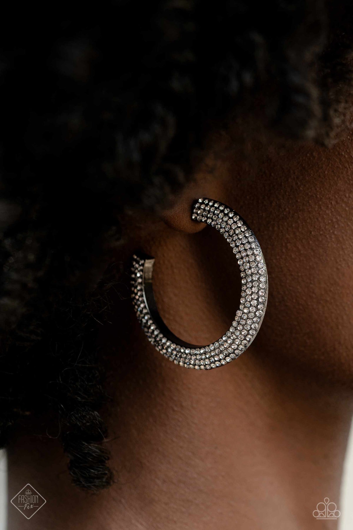 Dazzling Dynamo Black Hoop Earrings - Paparazzi Accessories- on model - CarasShop.com - Paparazzi Jewelry by Cara Jewels