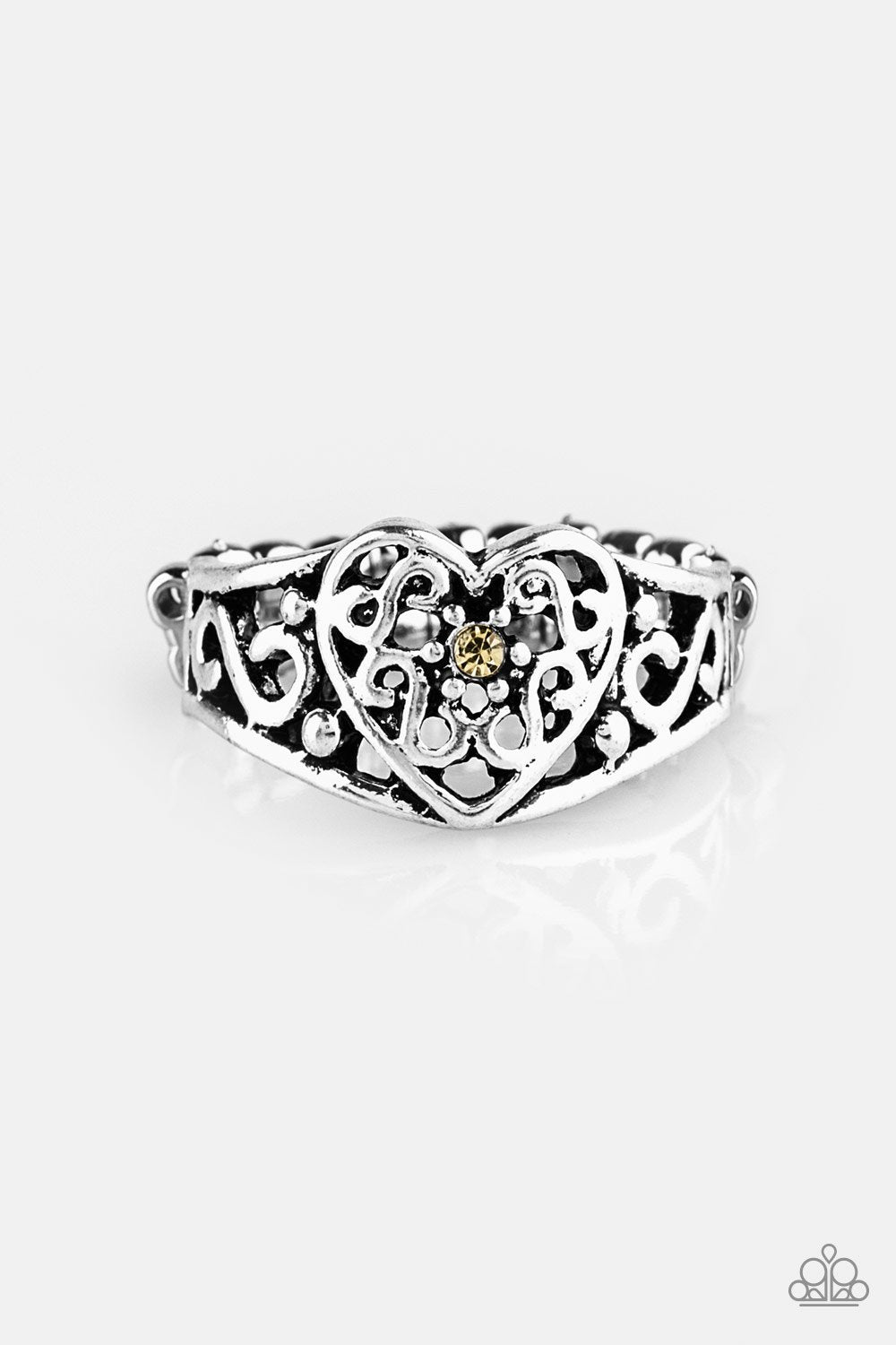Dearly Beloved Silver and Yellow Heart Ring - Paparazzi Accessories- lightbox - CarasShop.com - Paparazzi Jewelry by Cara Jewels