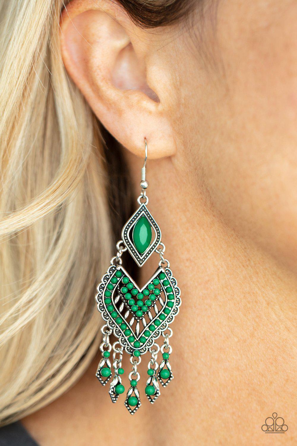 Dearly Debonair Green and Silver Earrings - Paparazzi Accessories- on model - CarasShop.com - Paparazzi Jewelry by Cara Jewels