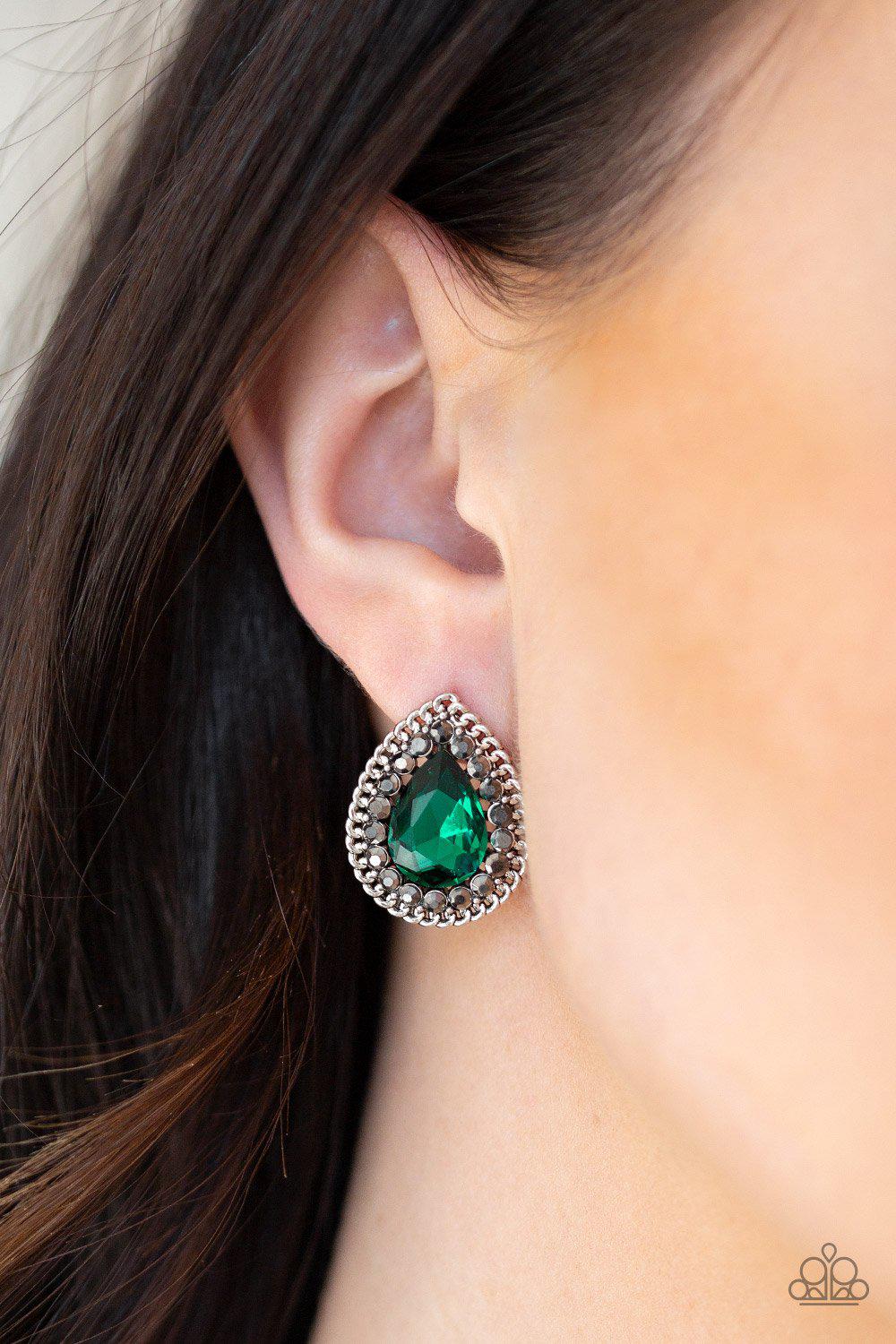 Debutante Debut Emerald Green Teardrop Post Earrings - Paparazzi Accessories- on model - CarasShop.com - Paparazzi Jewelry by Cara Jewels