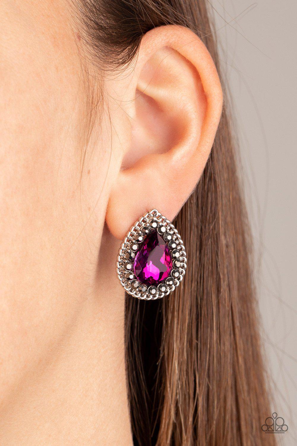 Debutante Debut Pink Rhinestone Teardrop Post Earrings - Paparazzi Accessories- on model - CarasShop.com - Paparazzi Jewelry by Cara Jewels