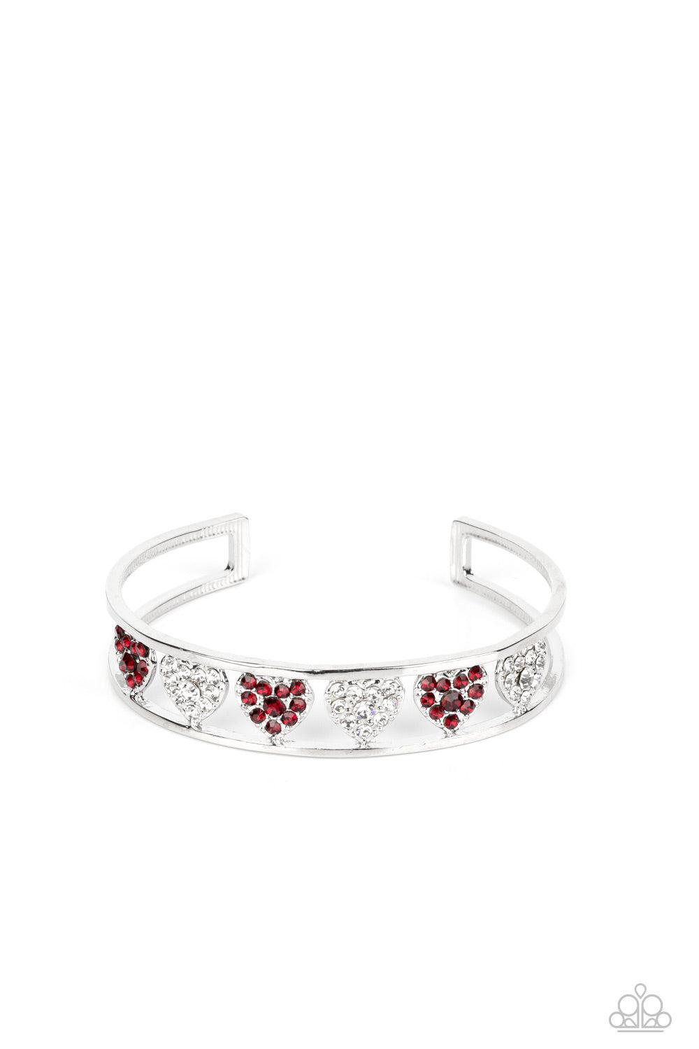 Decadent Devotion Red & White Rhinestone Heart Cuff Bracelet - Paparazzi Accessories- lightbox - CarasShop.com - Paparazzi Jewelry by Cara Jewels