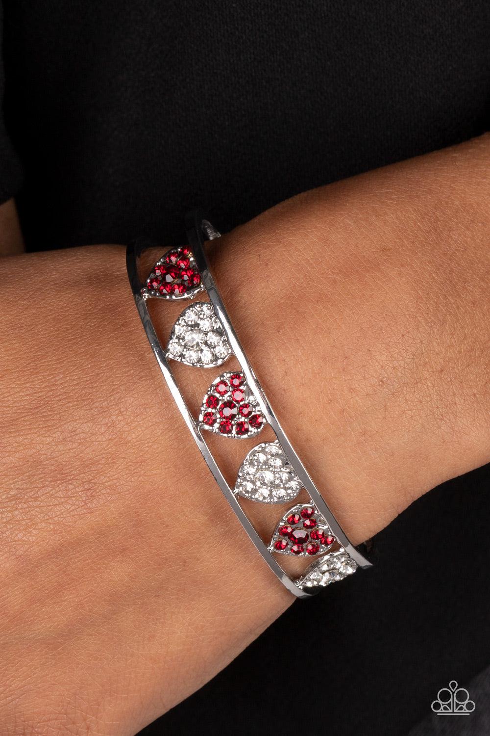 Decadent Devotion Red & White Rhinestone Heart Cuff Bracelet - Paparazzi Accessories- on model - CarasShop.com - Paparazzi Jewelry by Cara Jewels