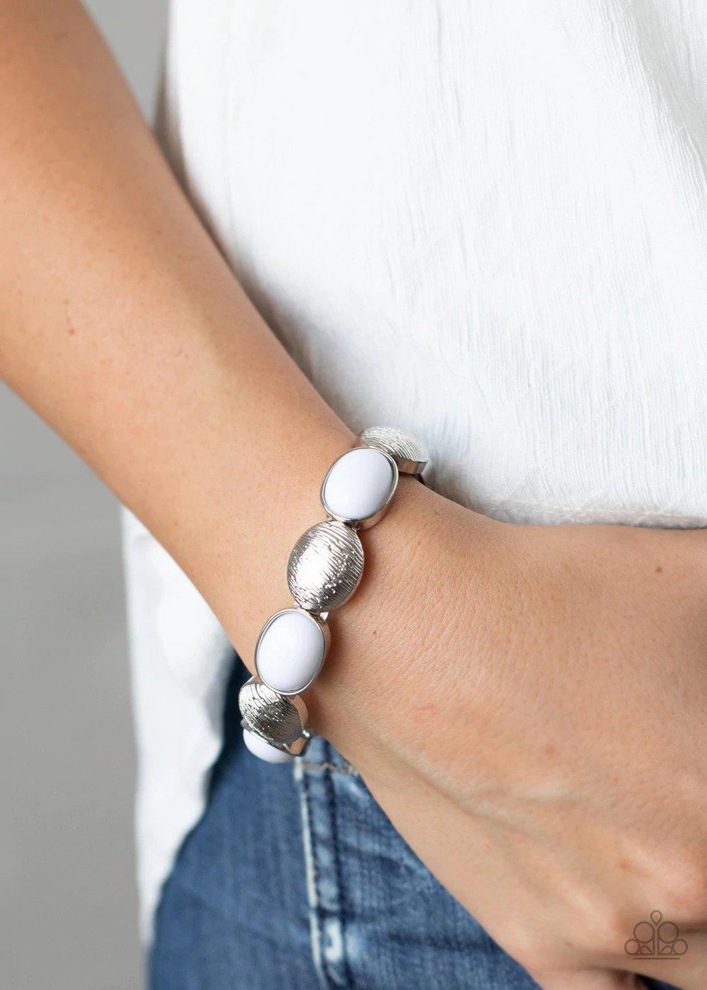 Decadently Dewy White Bracelet - Paparazzi Accessories- lightbox - CarasShop.com - Paparazzi Jewelry by Cara Jewels