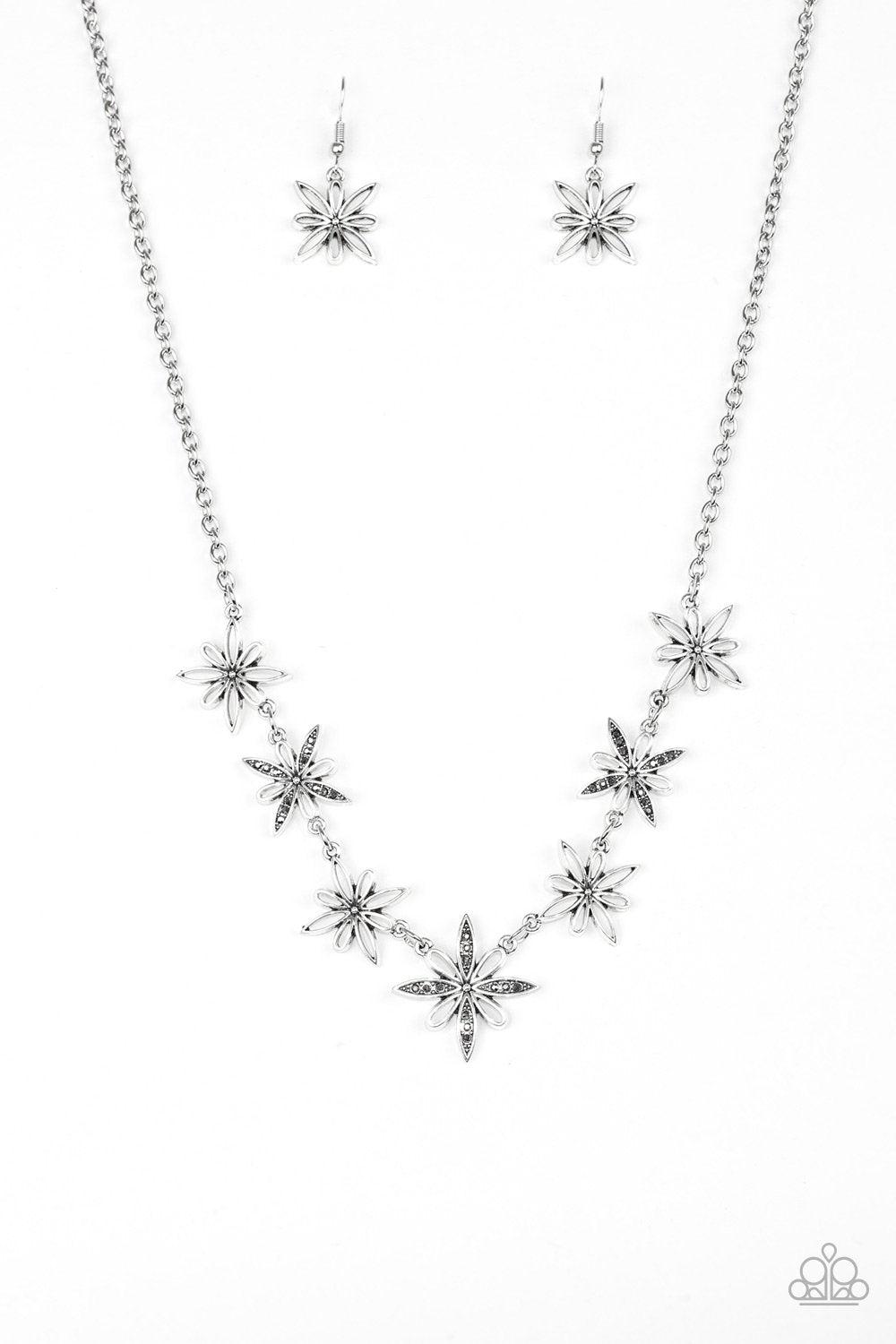 Decked Out in Daisies Silver Necklace and matching Earrings - Paparazzi Accessories- lightbox - CarasShop.com - Paparazzi Jewelry by Cara Jewels