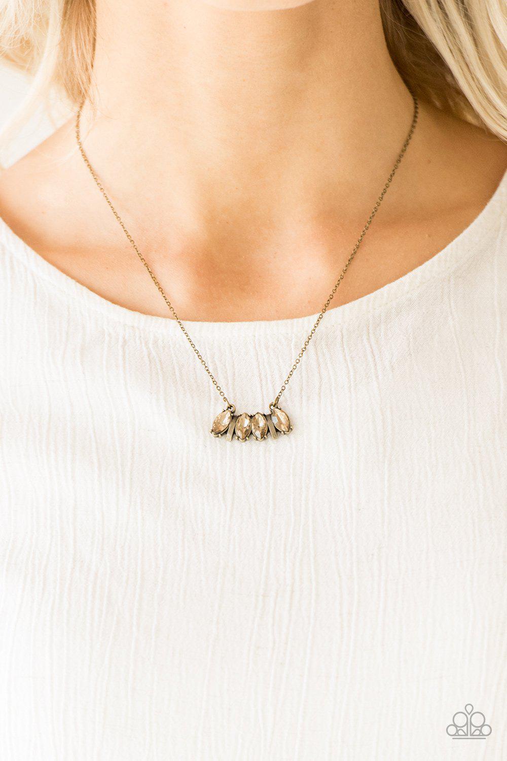 Deco Decadence Brass Necklace - Paparazzi Accessories- on model - CarasShop.com - Paparazzi Jewelry by Cara Jewels