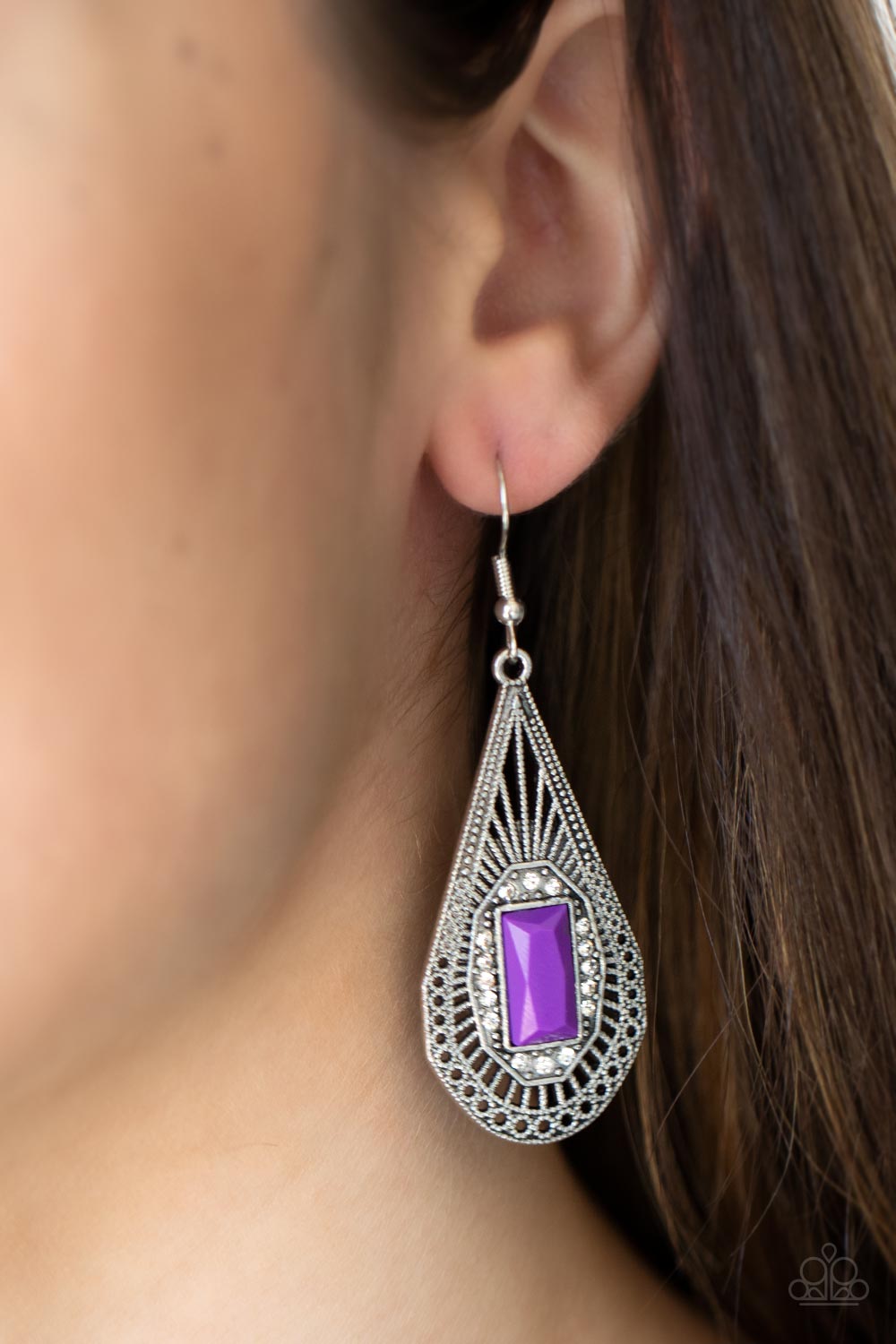 Deco Dreaming Purple Earrings - Paparazzi Accessories- on model - CarasShop.com - Paparazzi Jewelry by Cara Jewels