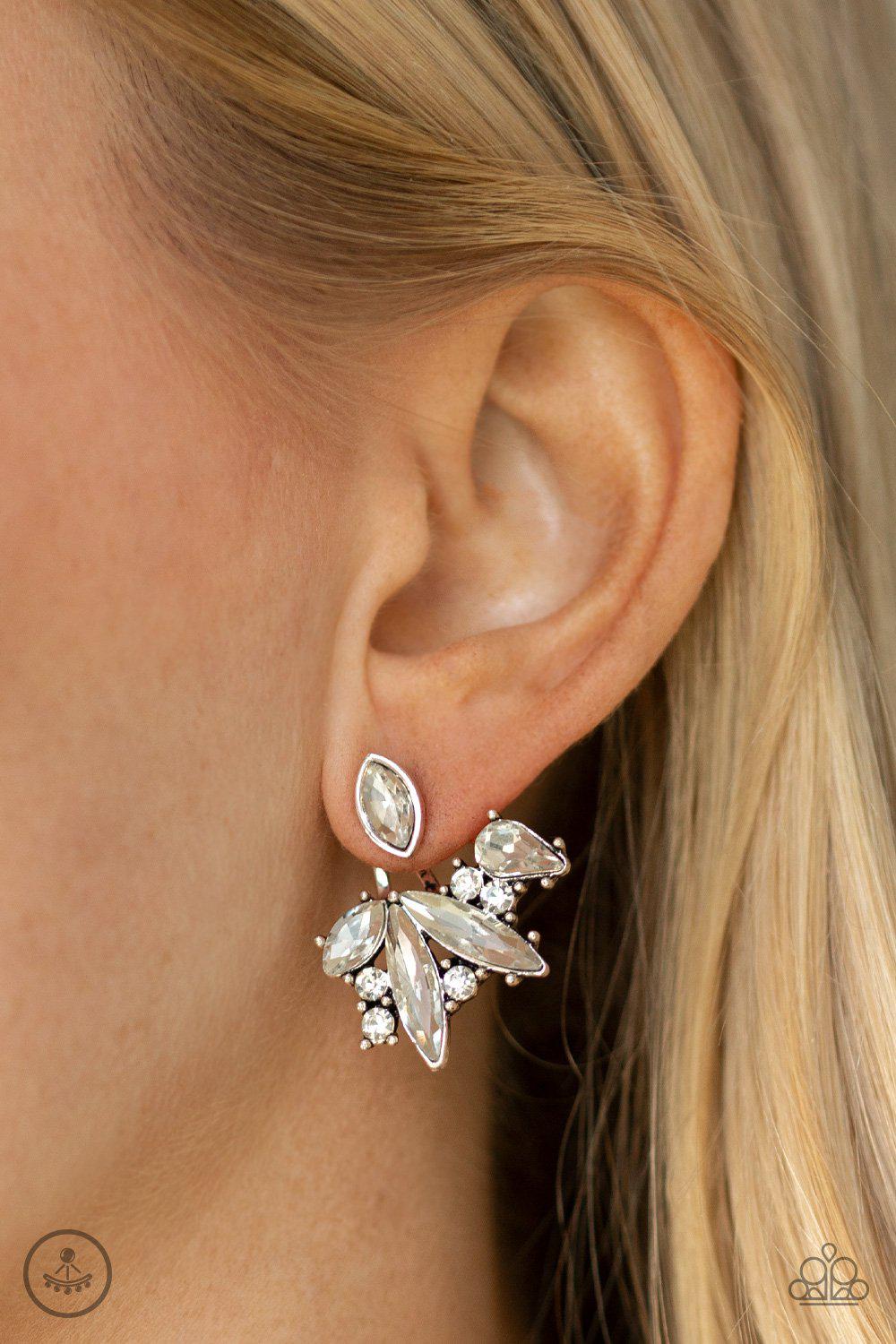 Deco Dynamite White Rhinestone Double-sided Post Earrings - Paparazzi Accessories- on model - CarasShop.com - Paparazzi Jewelry by Cara Jewels