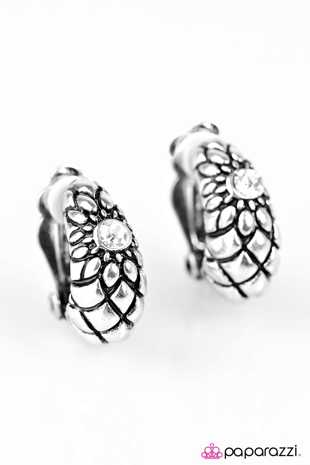 Deco-POSH Silver and White Rhinestone Clip-on Earrings - Paparazzi Accessories- lightbox - CarasShop.com - Paparazzi Jewelry by Cara Jewels
