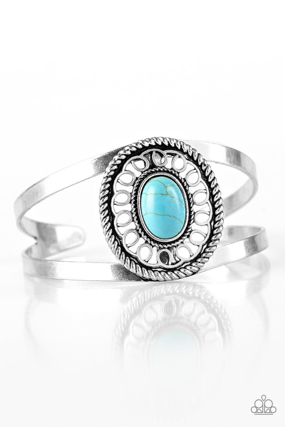 Deep in the TUMBLEWEEDS Turquoise Blue Stone and Silver Cuff Bracelet - Paparazzi Accessories- lightbox - CarasShop.com - Paparazzi Jewelry by Cara Jewels