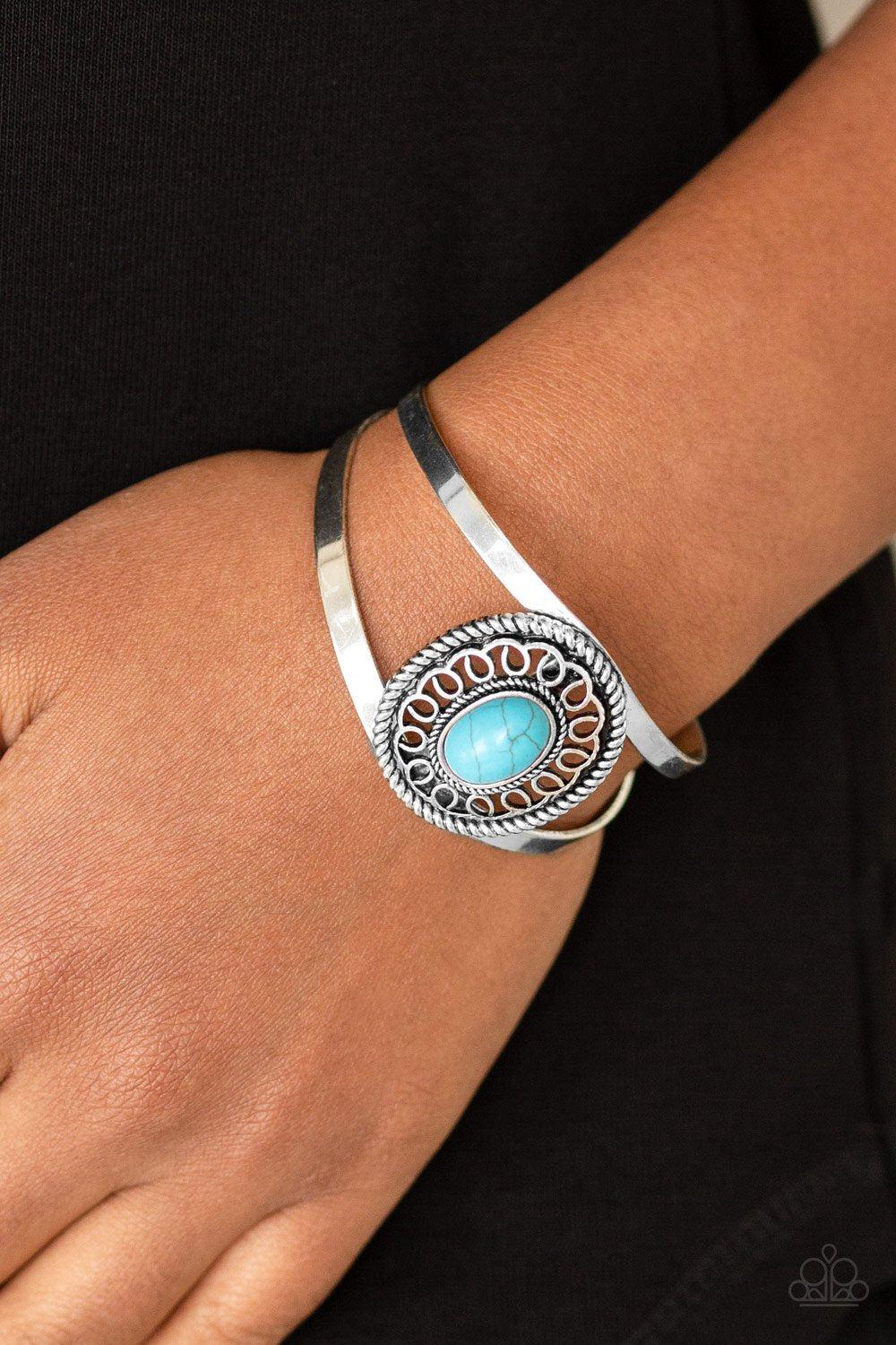 Deep in the TUMBLEWEEDS Turquoise Blue Stone and Silver Cuff Bracelet - Paparazzi Accessories- on model - CarasShop.com - Paparazzi Jewelry by Cara Jewels