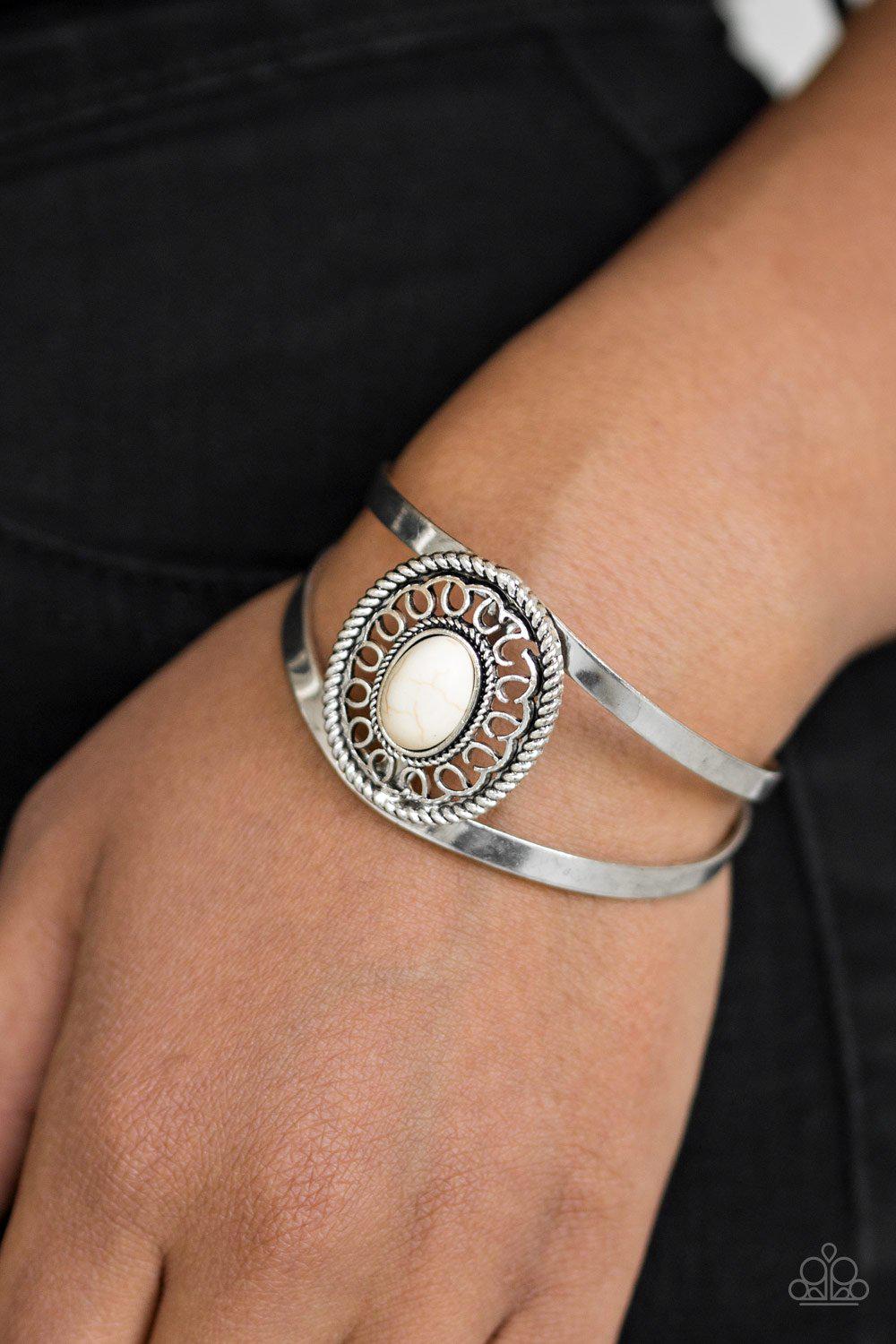 Deep In The Tumbleweeds White Stone Cuff Bracelet - Paparazzi Accessories- on model - CarasShop.com - Paparazzi Jewelry by Cara Jewels