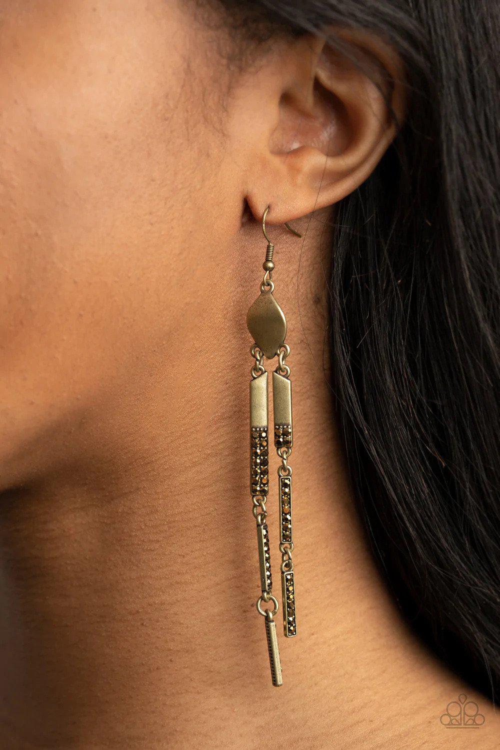 Defined Dazzle Brass Earrings - Paparazzi Accessories- on model - CarasShop.com - Paparazzi Jewelry by Cara Jewels