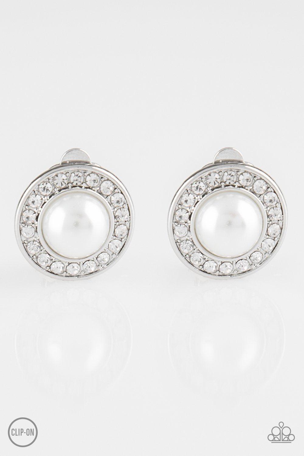 Definitely Dapper White Pearl and Rhinestone Clip-On Earrings - Paparazzi Accessories- lightbox - CarasShop.com - Paparazzi Jewelry by Cara Jewels