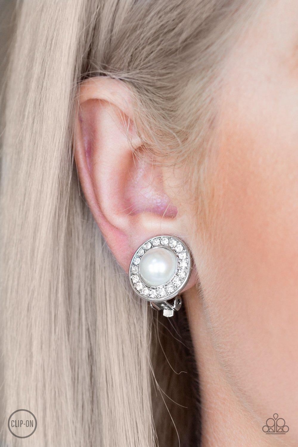Definitely Dapper White Pearl and Rhinestone Clip-On Earrings - Paparazzi Accessories- on model - CarasShop.com - Paparazzi Jewelry by Cara Jewels