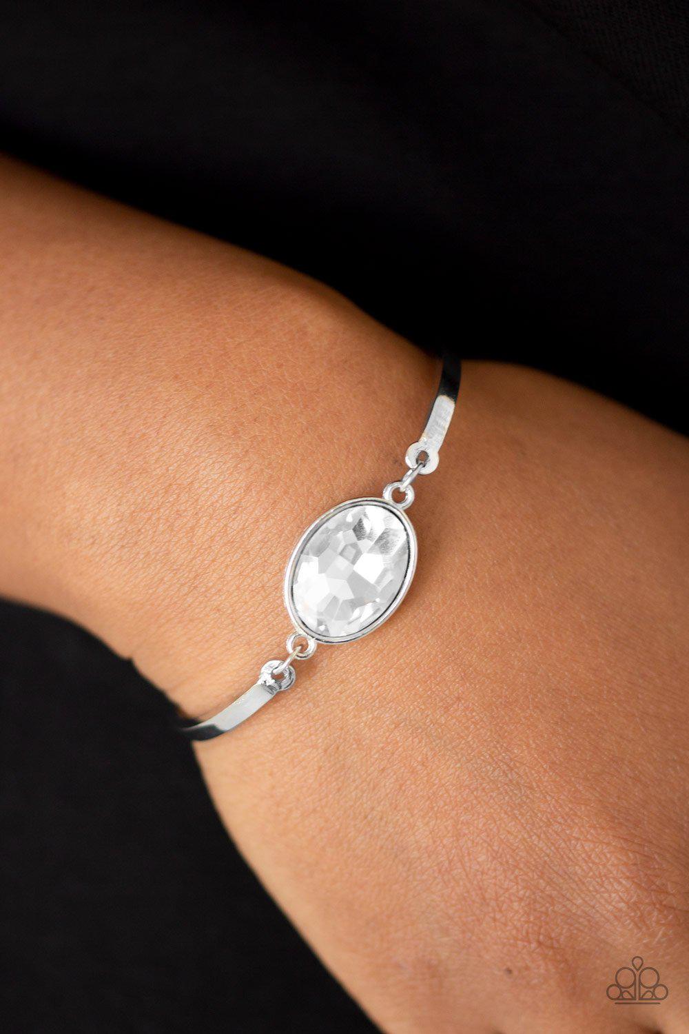 Definitely Dashing White Rhinestone Bracelet - Paparazzi Accessories- on model - CarasShop.com - Paparazzi Jewelry by Cara Jewels