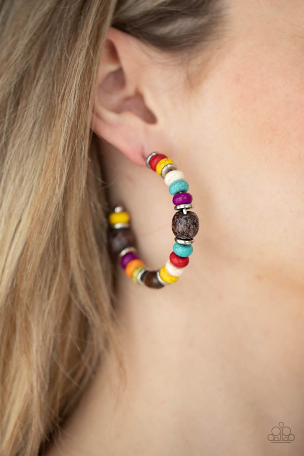 Definitely Down-To-Earth Multi Stone and Wood Hoop Earrings - Paparazzi Accessories- on model - CarasShop.com - Paparazzi Jewelry by Cara Jewels