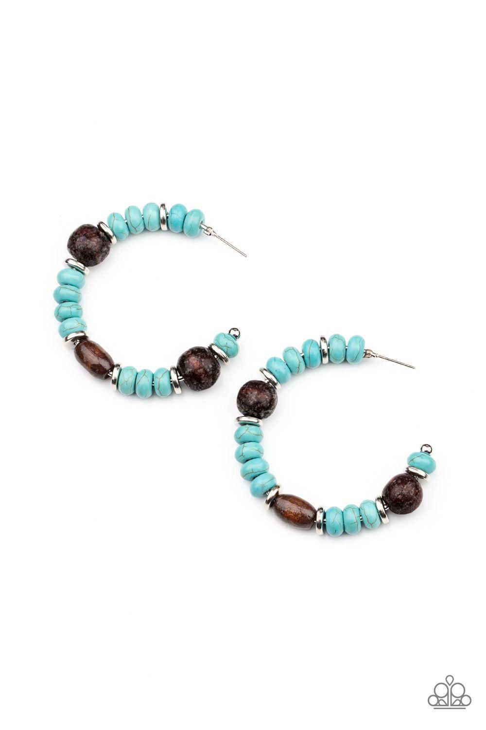 Definitely Down-To-Earth Turquoise Blue Stone and Wood Hoop Earrings - Paparazzi Accessories- lightbox - CarasShop.com - Paparazzi Jewelry by Cara Jewels